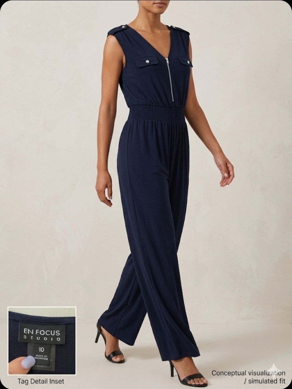 En Focus Studio Navy Sleeveless Jumpsuit Wide Leg Smocked Waist XL
